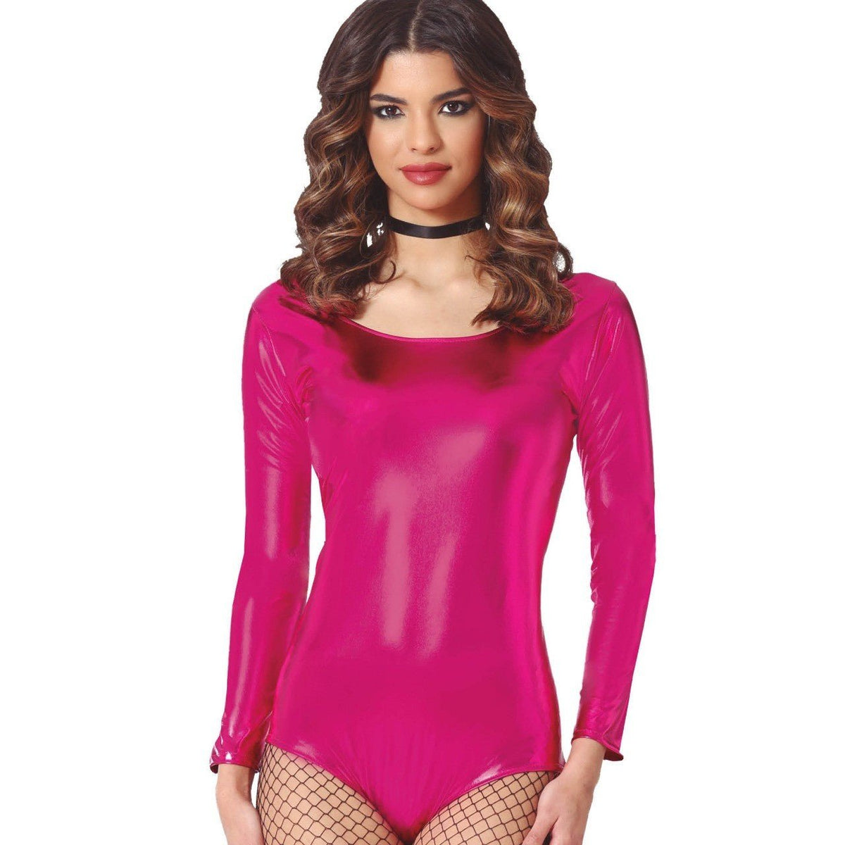 Womens Metallic Fuchsia Long Sleeve Bodysuit