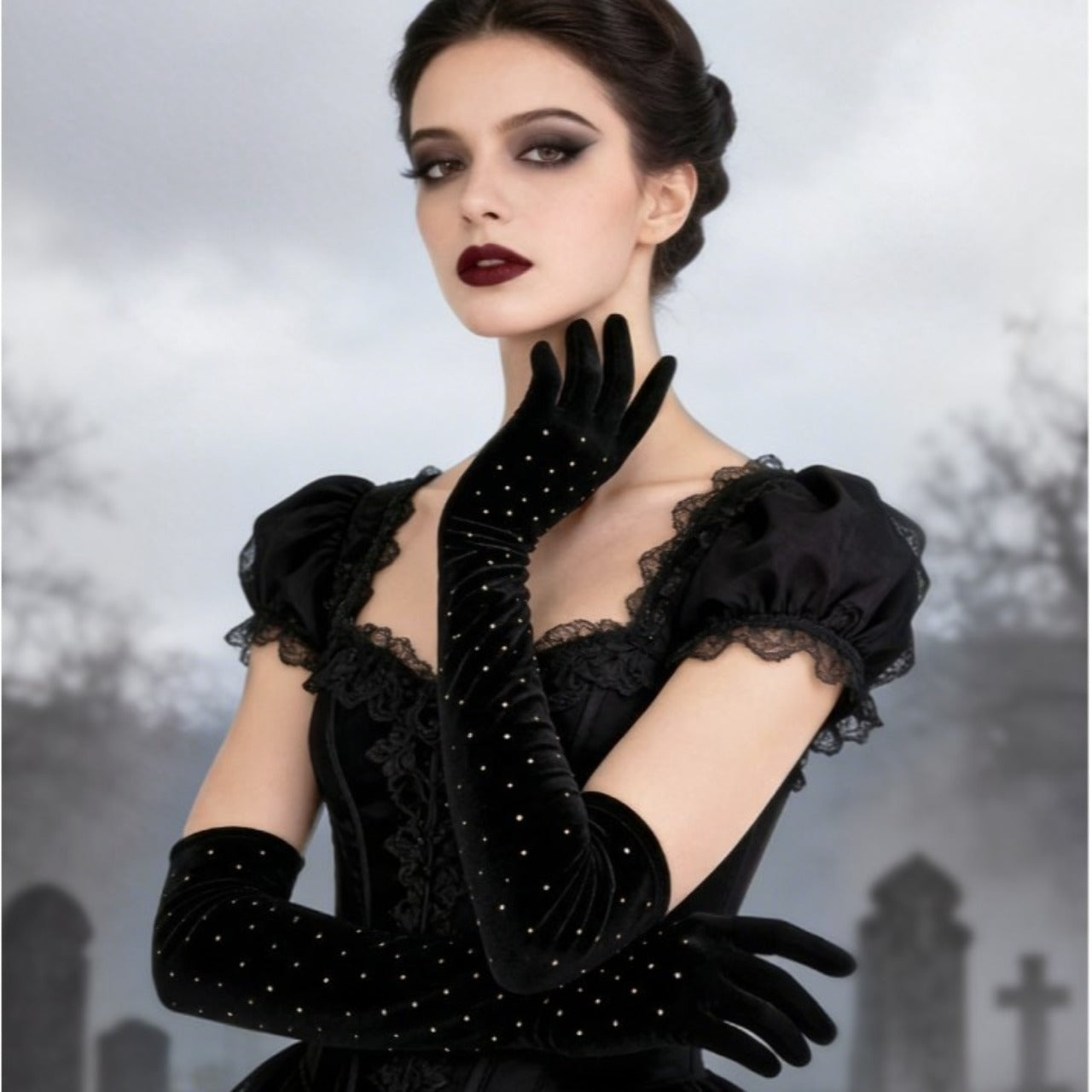 Long Black Gloves with Stones