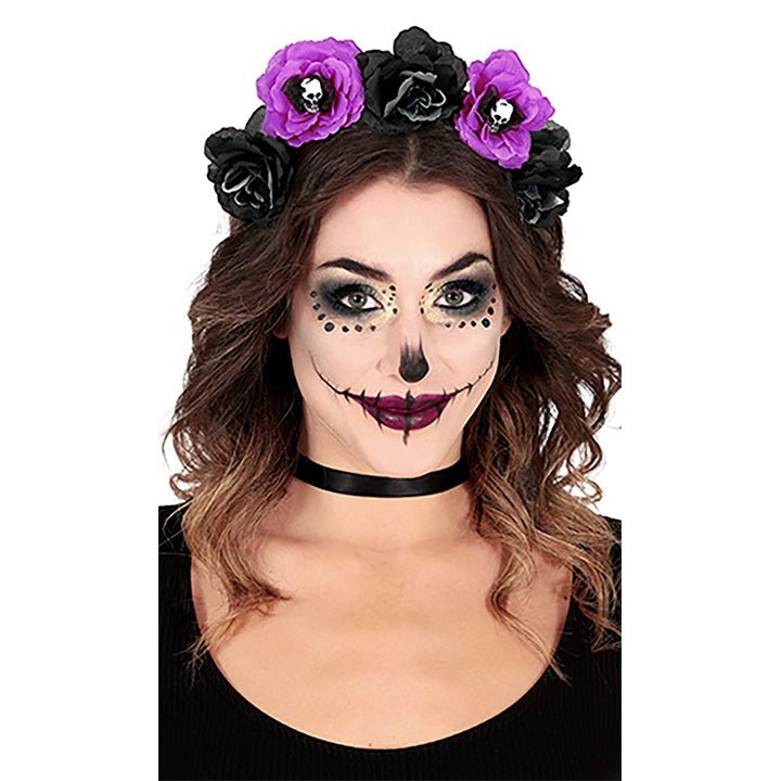 Catrina Headband with Lilac and Black Flowers