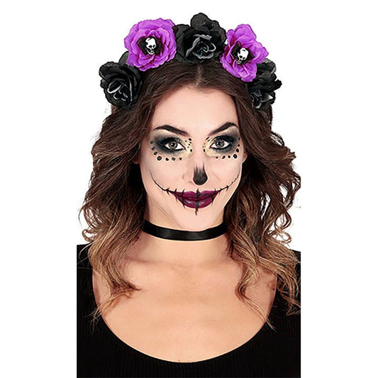 Catrina Headband with Lilac and Black Flowers