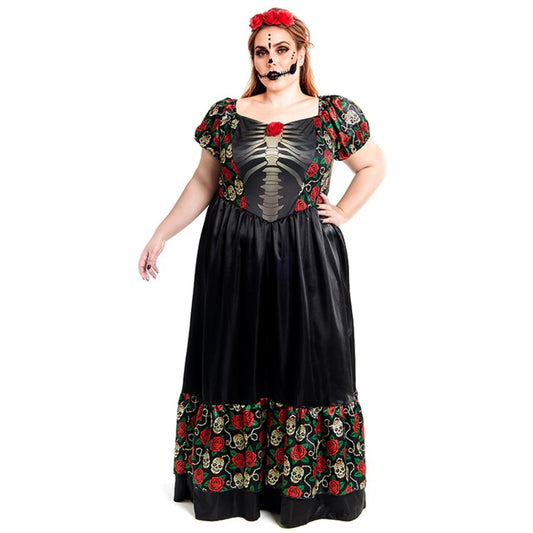 Womens Plus Size Mexican Catrina Roses Costume