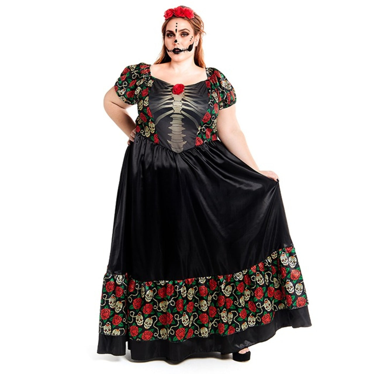 Womens Plus Size Mexican Catrina Roses Costume