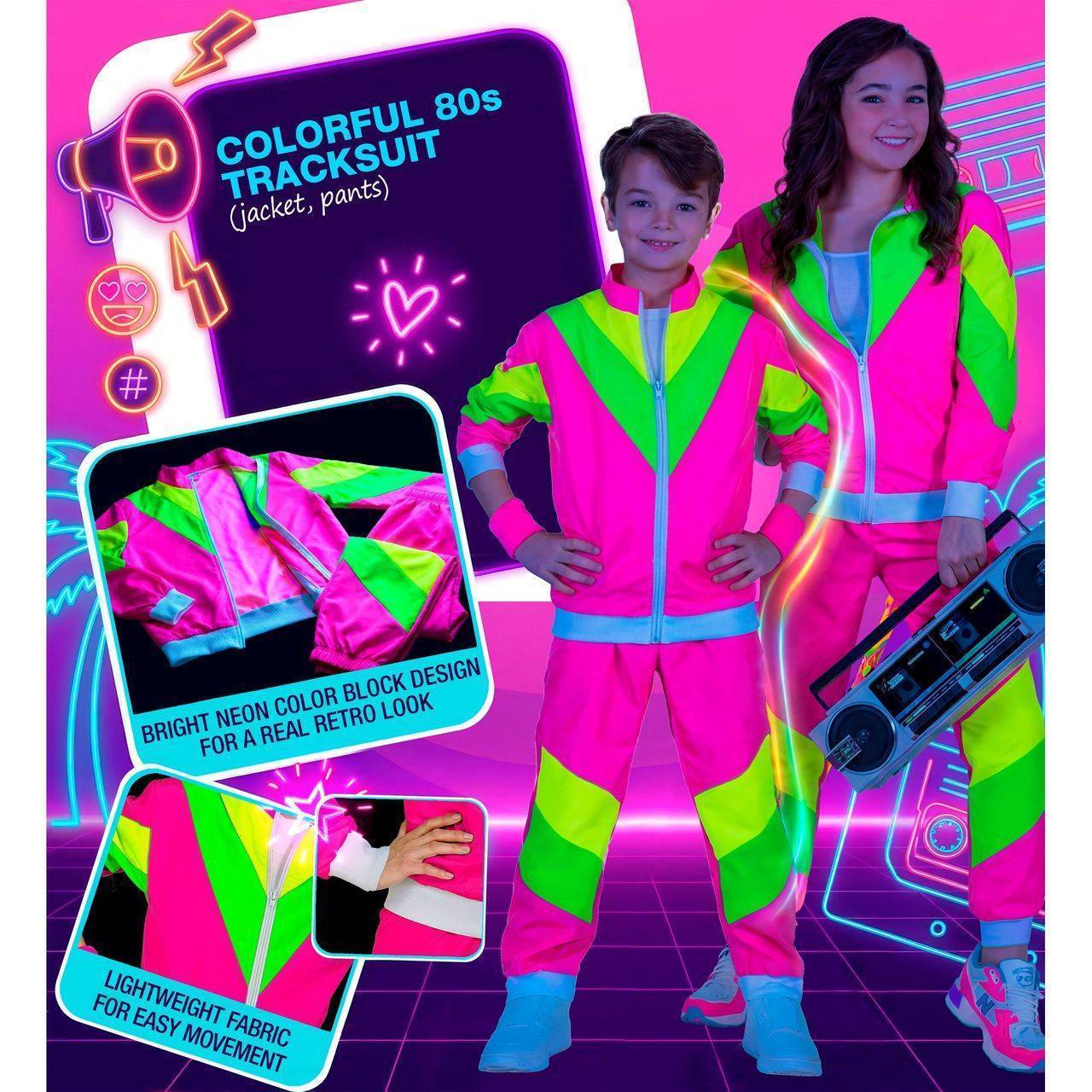 Kids Neon 80s Tracksuit Costume