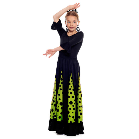 Girls Black and Green Flamenco Skirt with Godets
