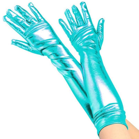Long Light Blue Metallic Gloves