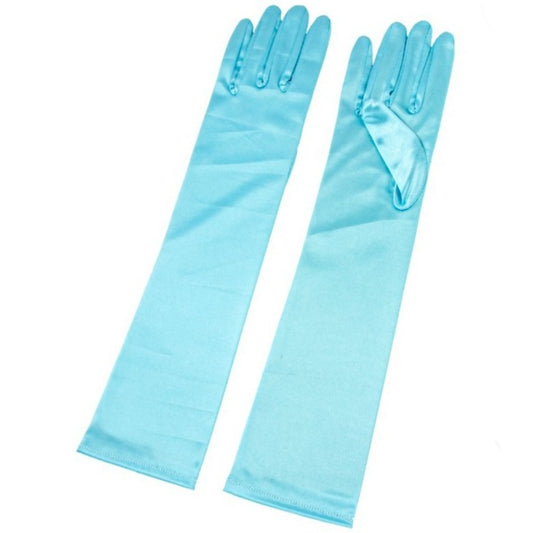 Long Light Blue Satin Gloves