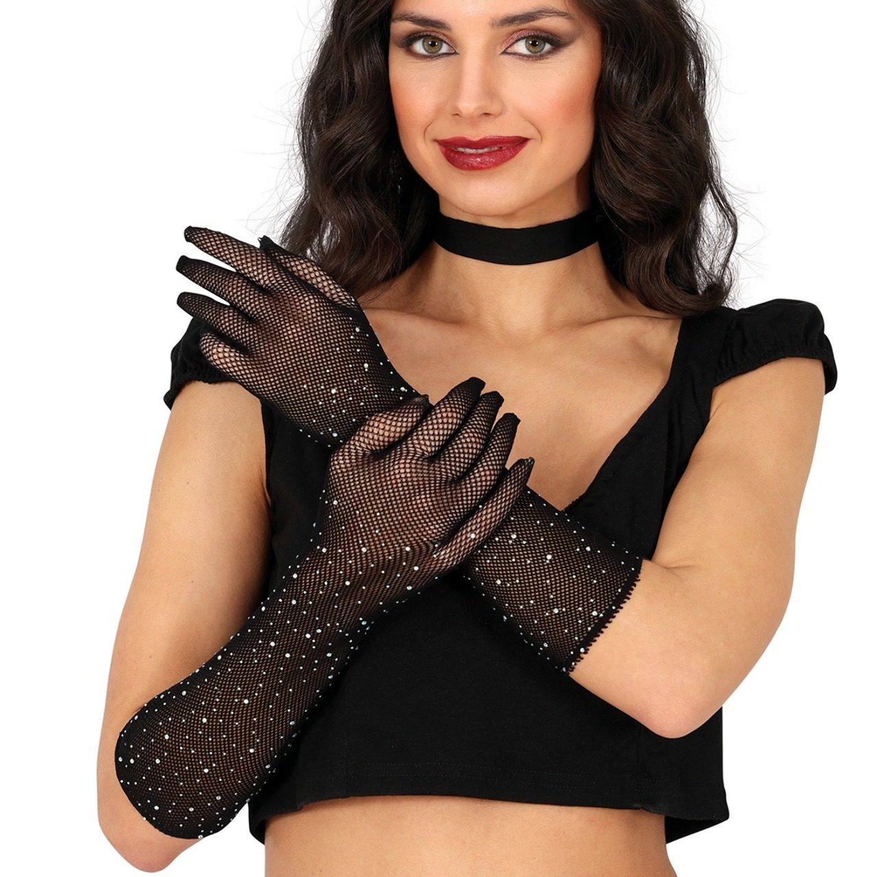 Long Fishnet Gloves with Rhinestones