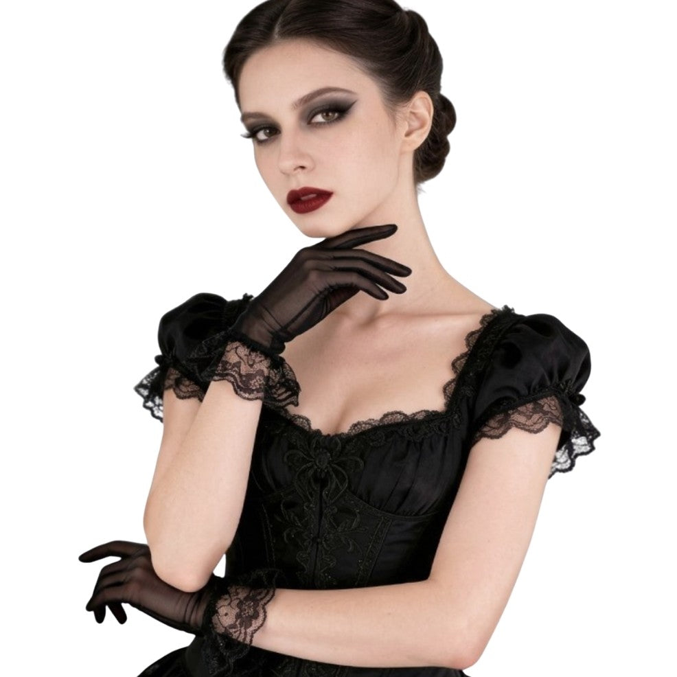 Black Gloves with Lace Ruffle