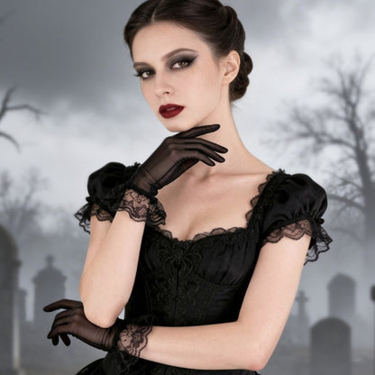 Black Gloves with Lace Ruffle