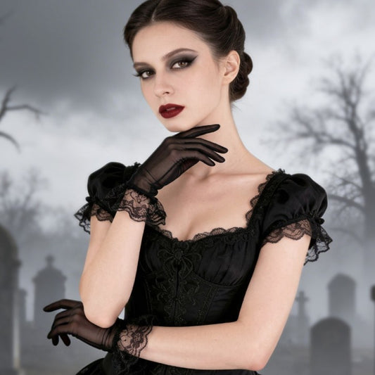 Black Gloves with Lace Ruffle
