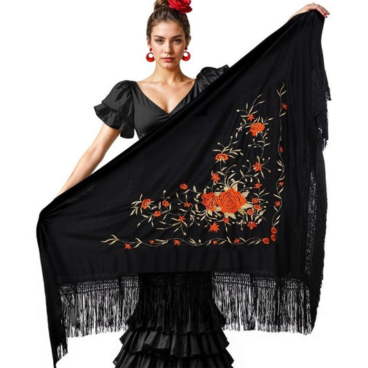 Black Embroidered Roses Shawl