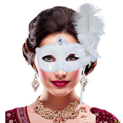White Venetian Mask with Rod