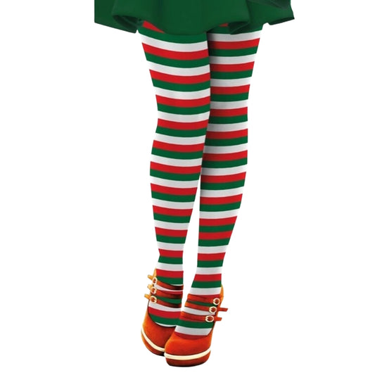 Green Red and White Striped Elf Tights