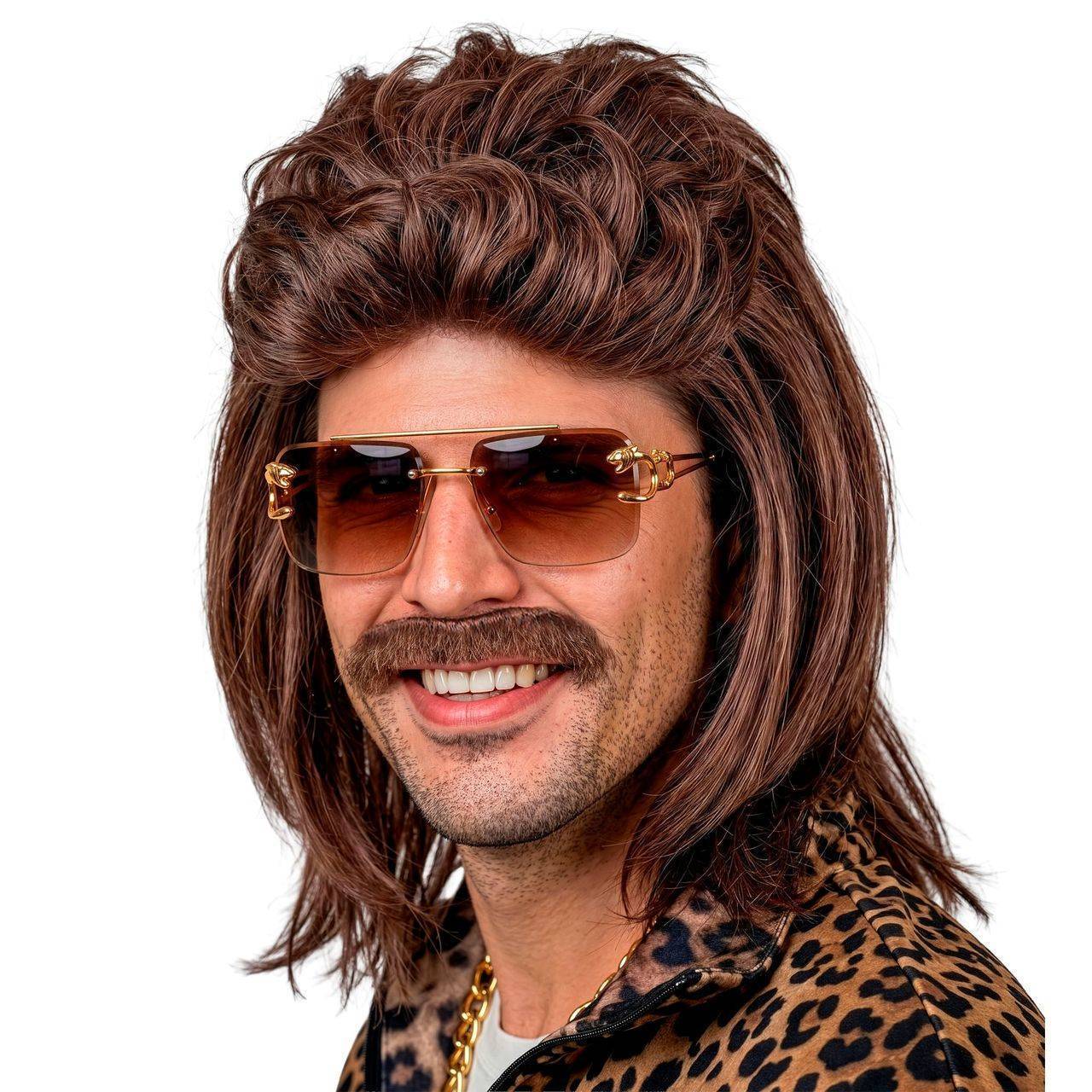 Brown Mullet Wig with Moustache