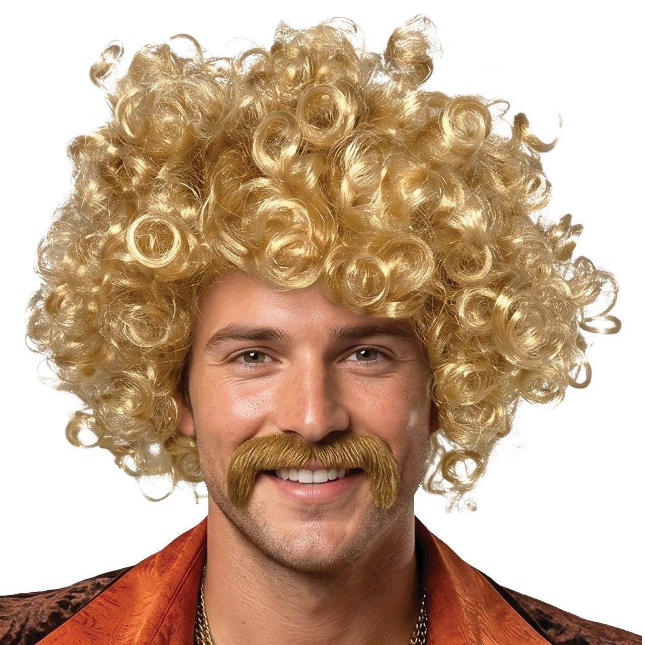 Blonde Curly Wig with Moustache