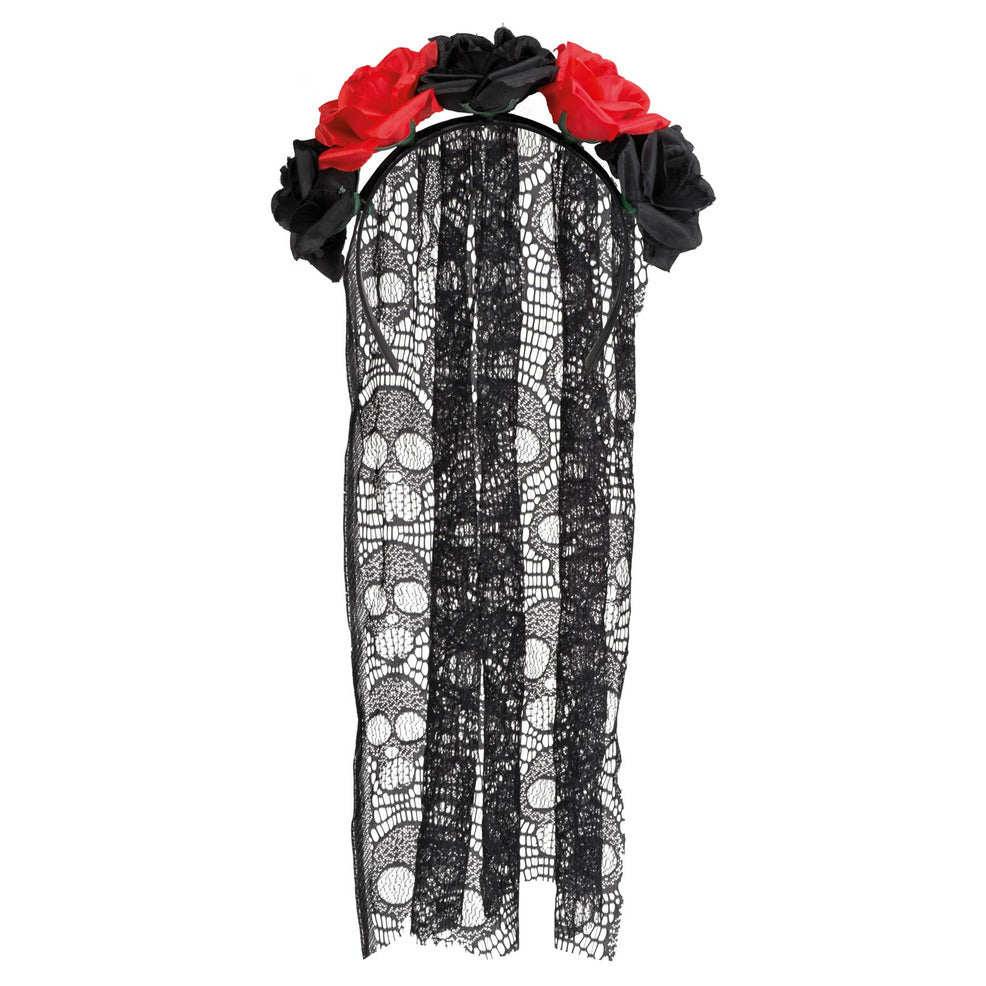 Diadema de Catrina Rosas con Velo | Don Disfraz